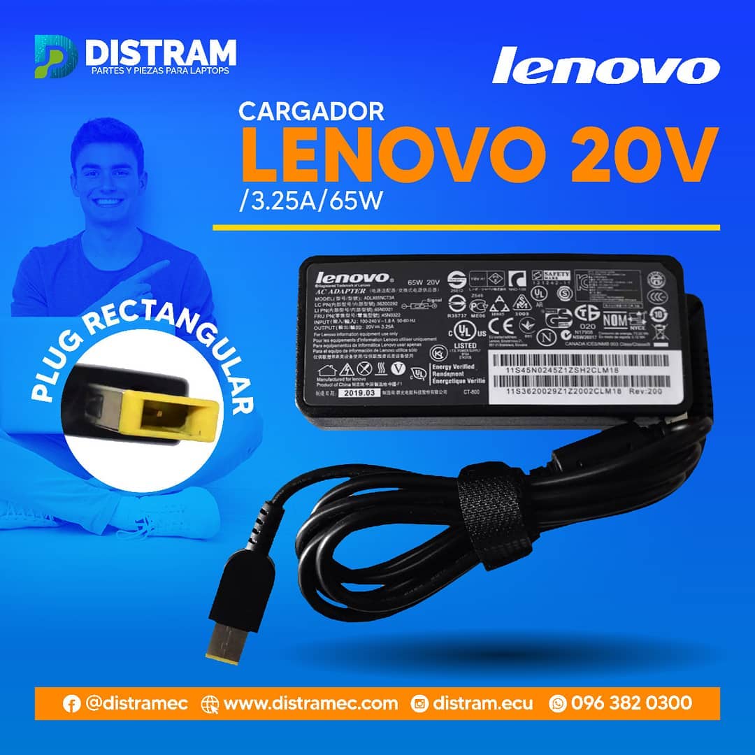 CARGADOR LENOVO 20V/3.25A/65W PLUG RECTANGULAR