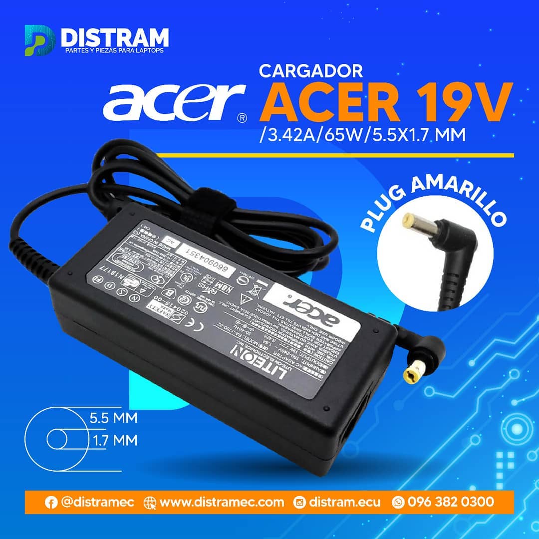 CARGADOR ACER 19V/3.42A/65W/5.5X1.7MM PLUG AMARILLO