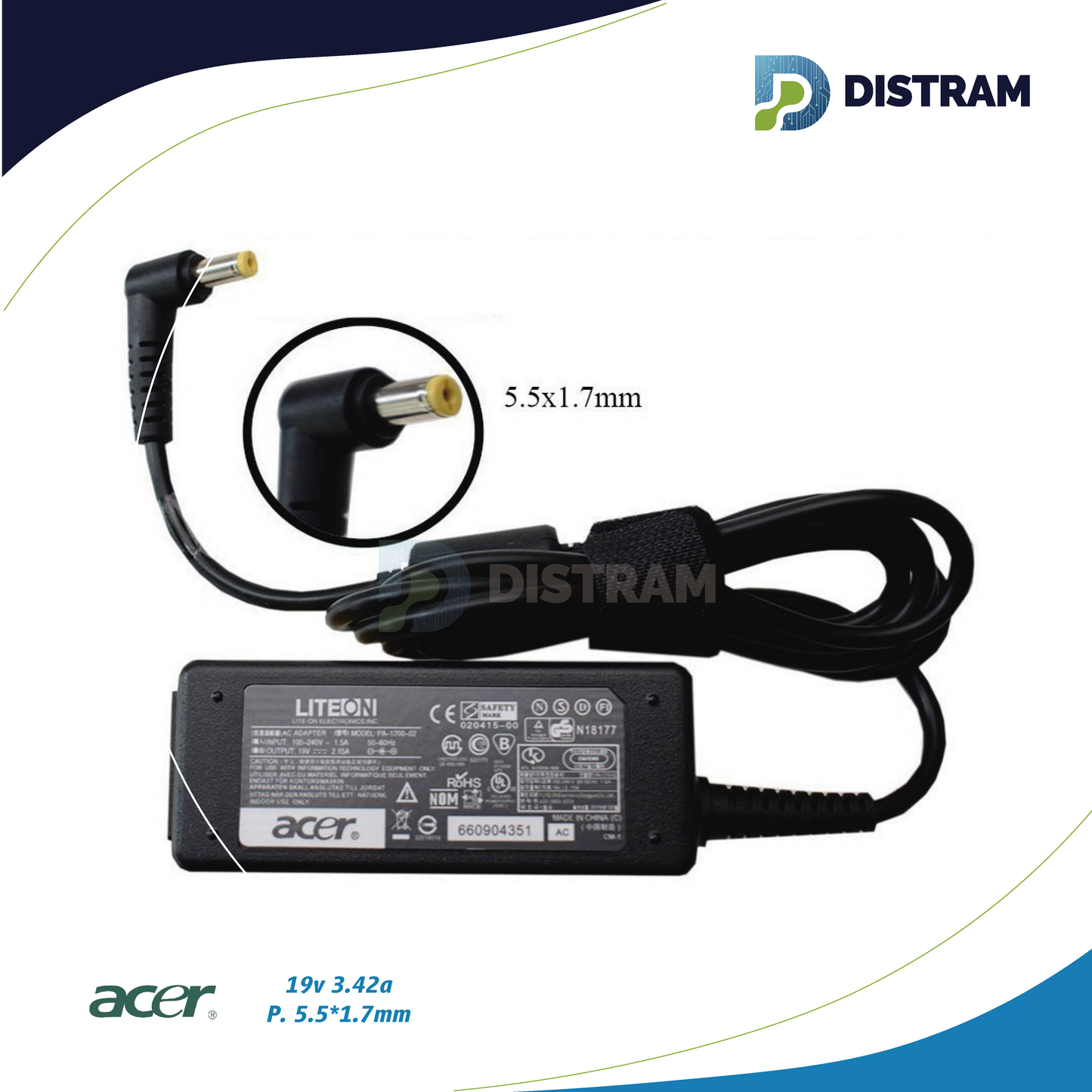 CARGADOR ACER 19V/3.42A/65W/5.5X1.7MM PLUG AMARILLO