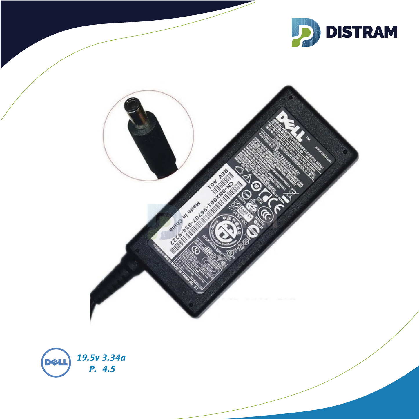 CARGADOR DELL 19.5V/3.34A/65W/4.5X3.0MM PLUG AGUJA MINI