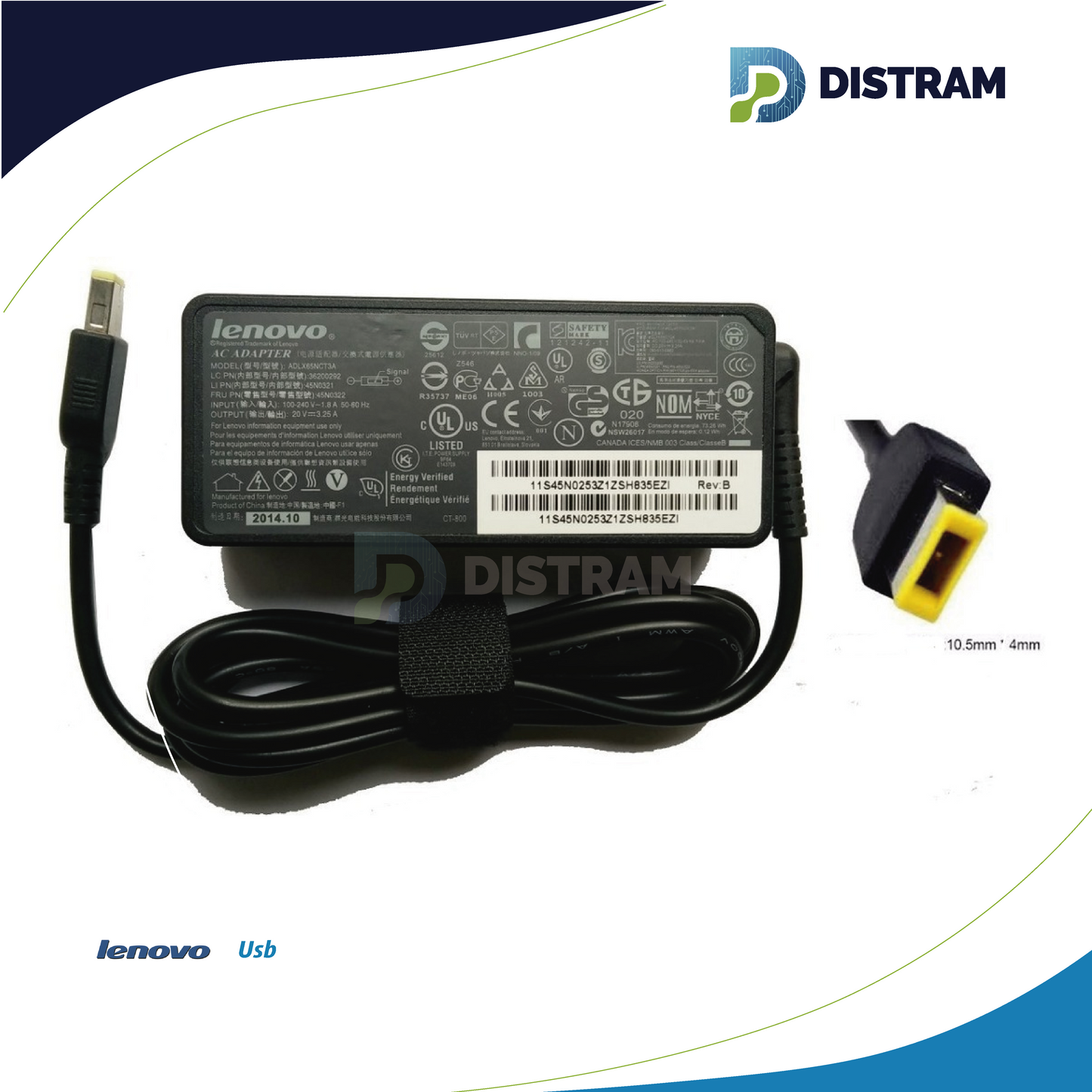CARGADOR LENOVO 20V/3.25A/65W PLUG RECTANGULAR