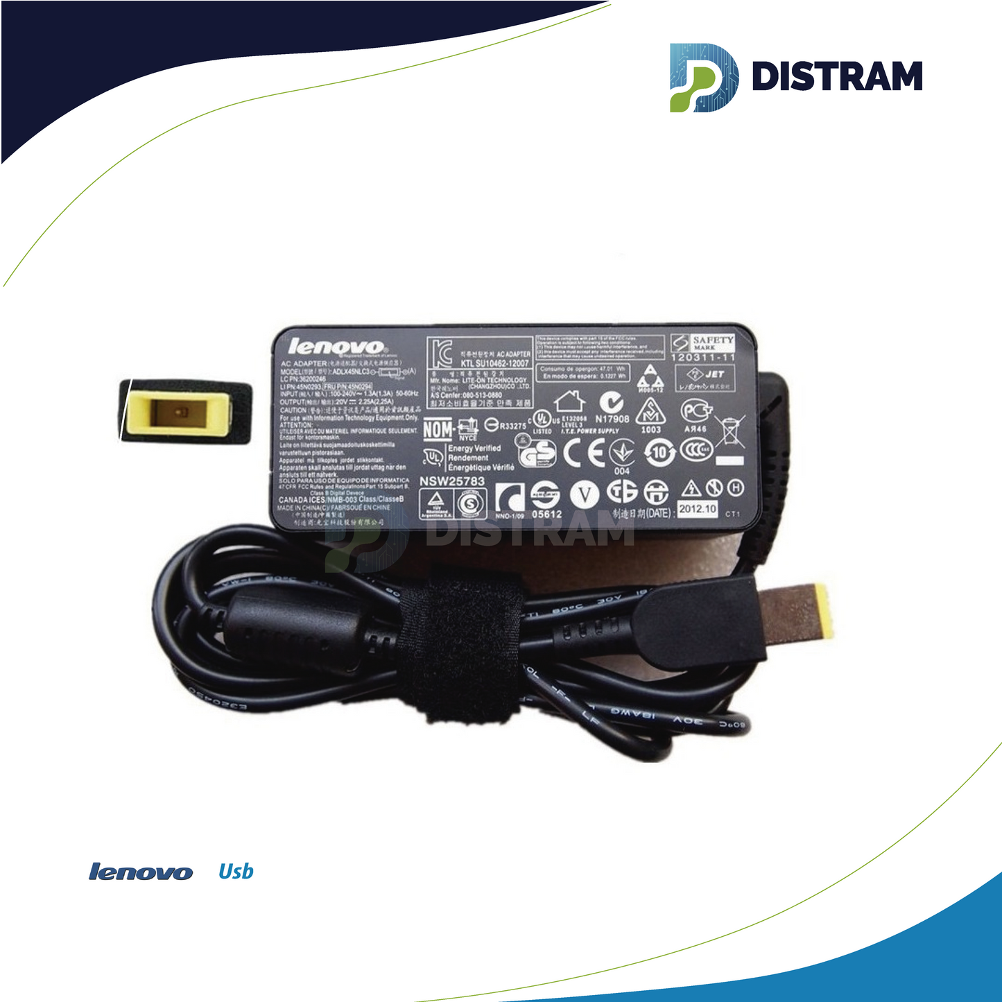 CARGADOR LENOVO 20V/3.25A/65W PLUG RECTANGULAR