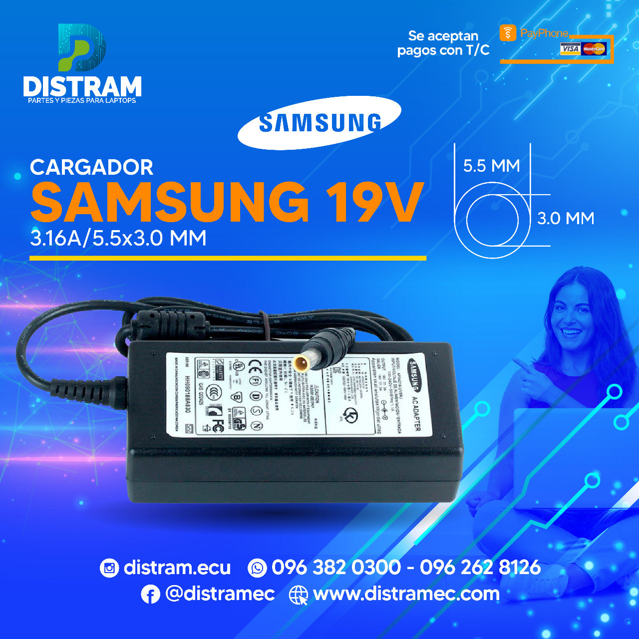 CARGADOR SAMSUNG 19V/3.16A/65W/5.5X3.0MM PLUG NEGRO